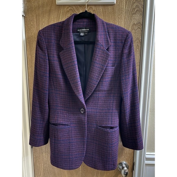Vintage Liz Claiborne Collection Blazer Jacket Tweed Plaid Wool Purple Womens 6 - Picture 1 of 10